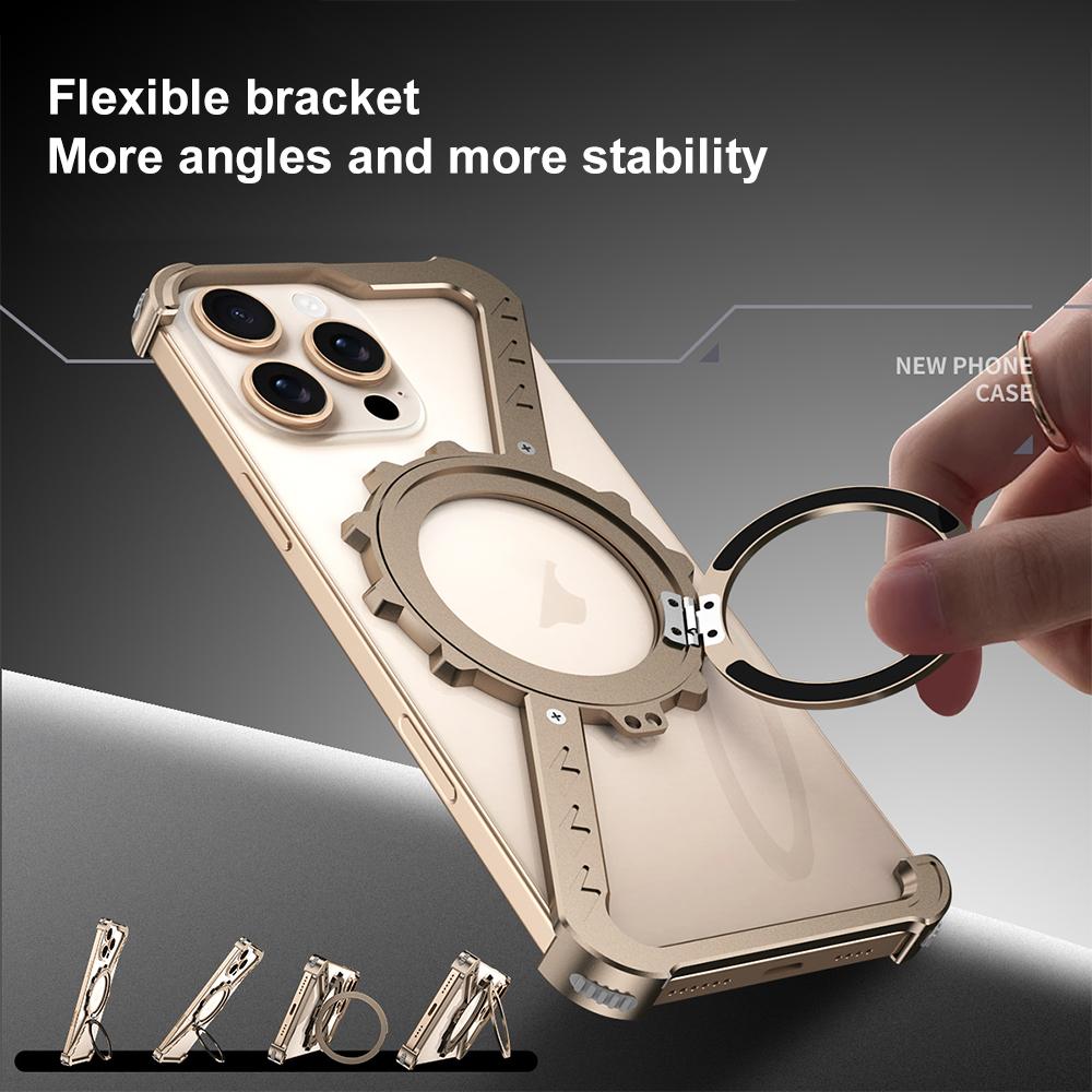 iPhone 16 Pro Max Z-Shape Metal Case Frameless Metal 360 Holder MagSafe Phone Case with Kickstand - Black